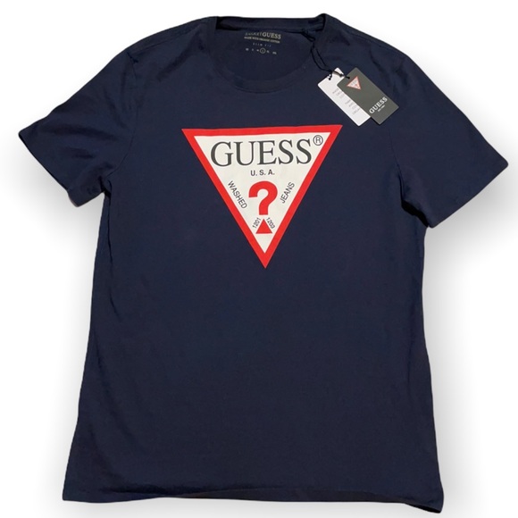 🚫SOLD🚫e🅱️y Guess Men’s Short Sleeve Logo Crew Neck T-Shirt Navy Large NWT - Picture 3 of 7
